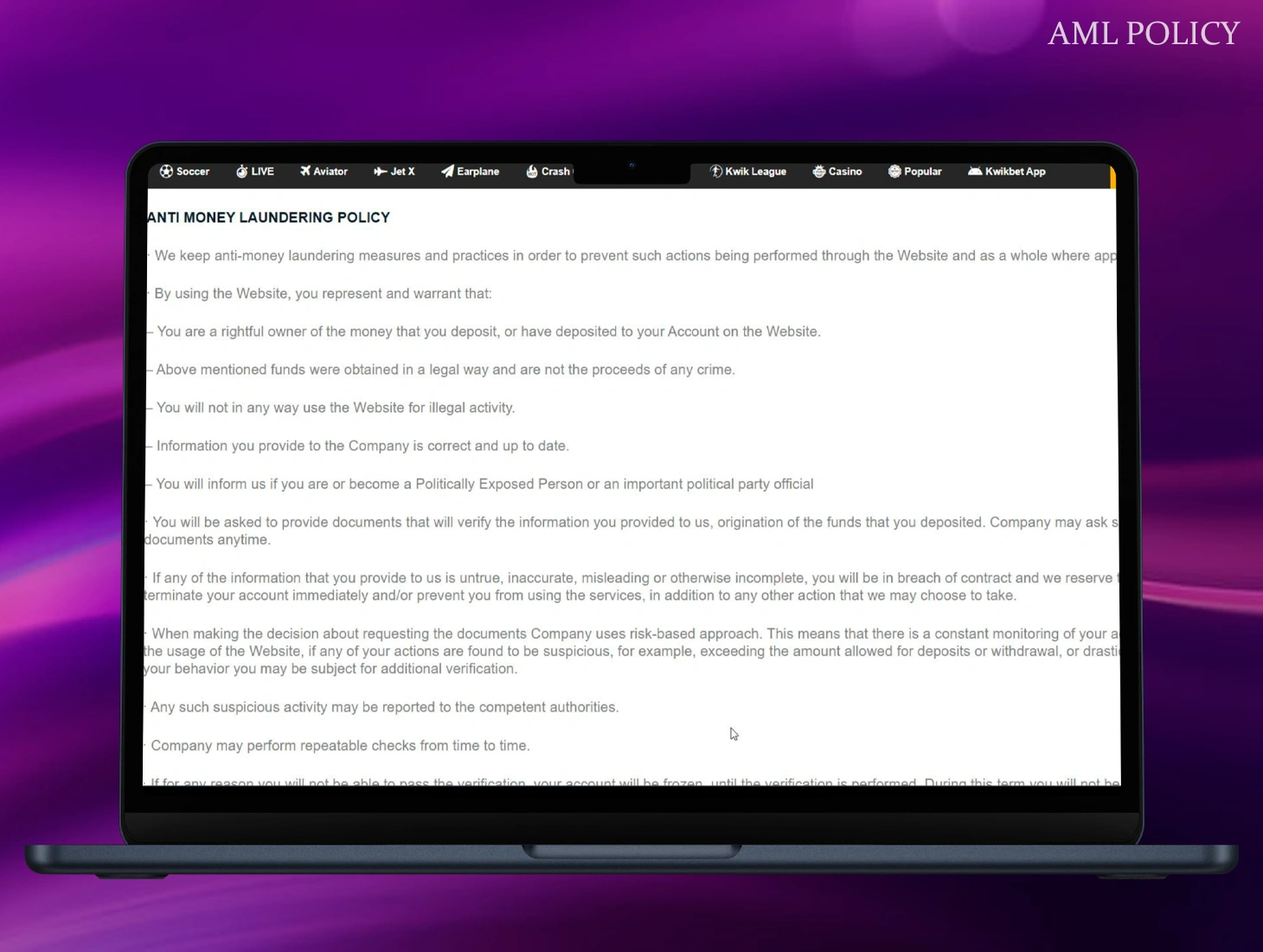 Our platform adheres to a strict AML policy because it is important as part of our license